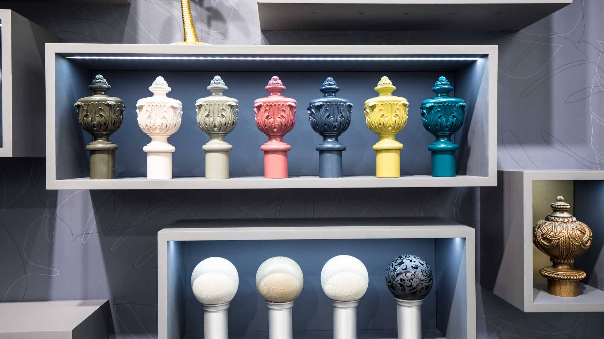 colourful finials on display at the jones exhibition