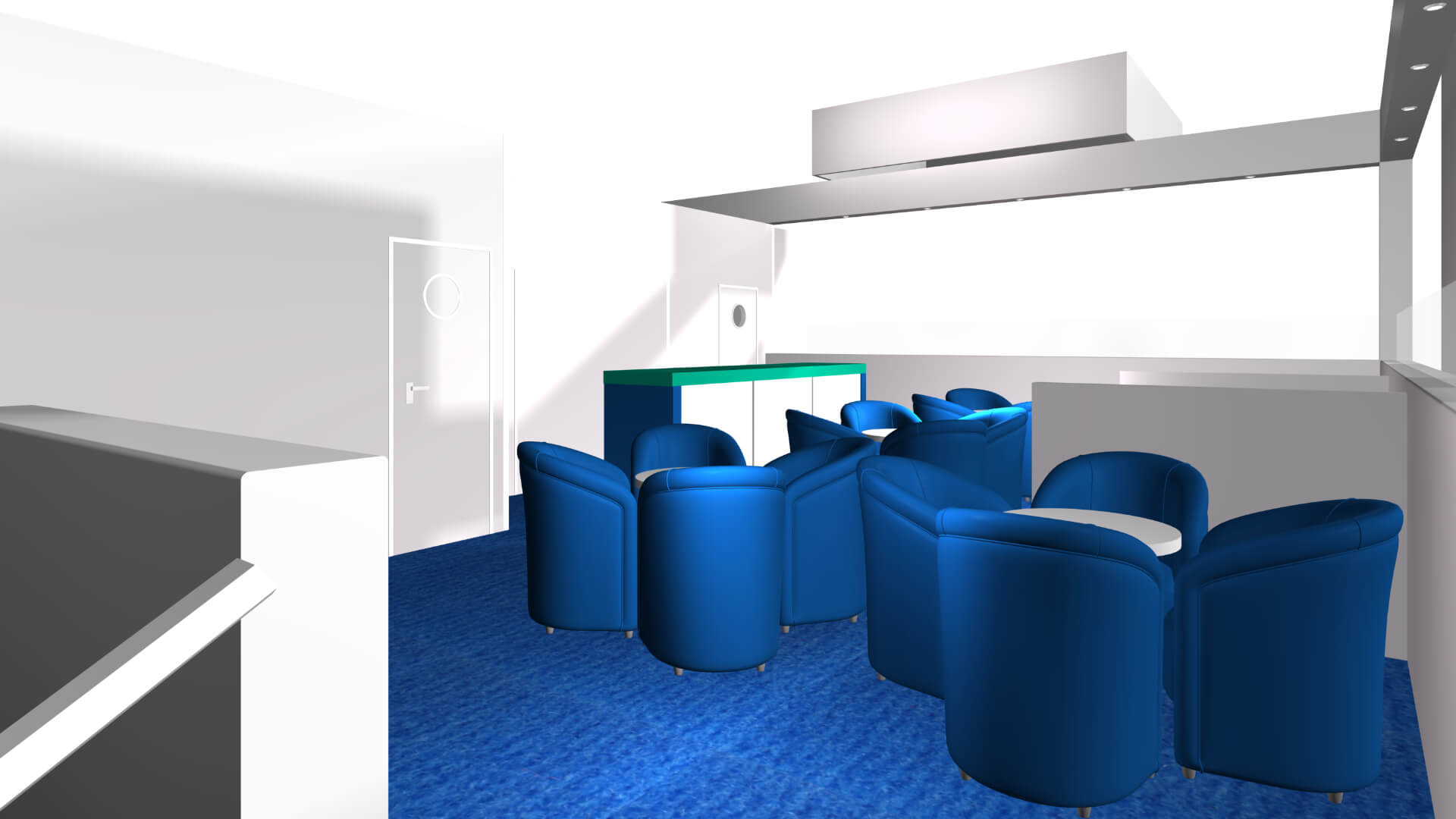 exhibition cad tables with blue chairs