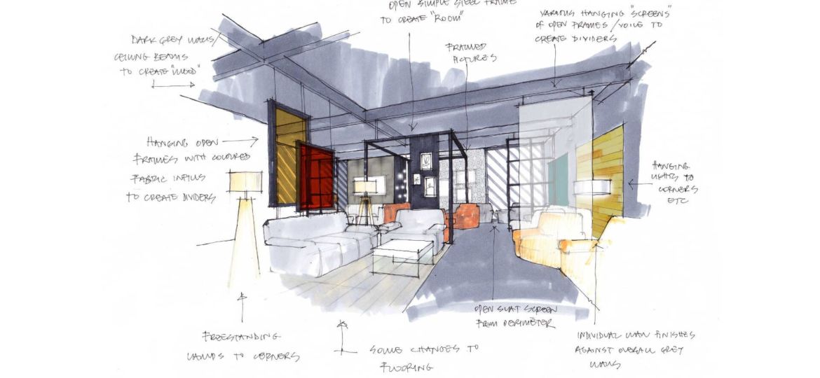 layout plan sketch of sofas and lamp in an exhibition room